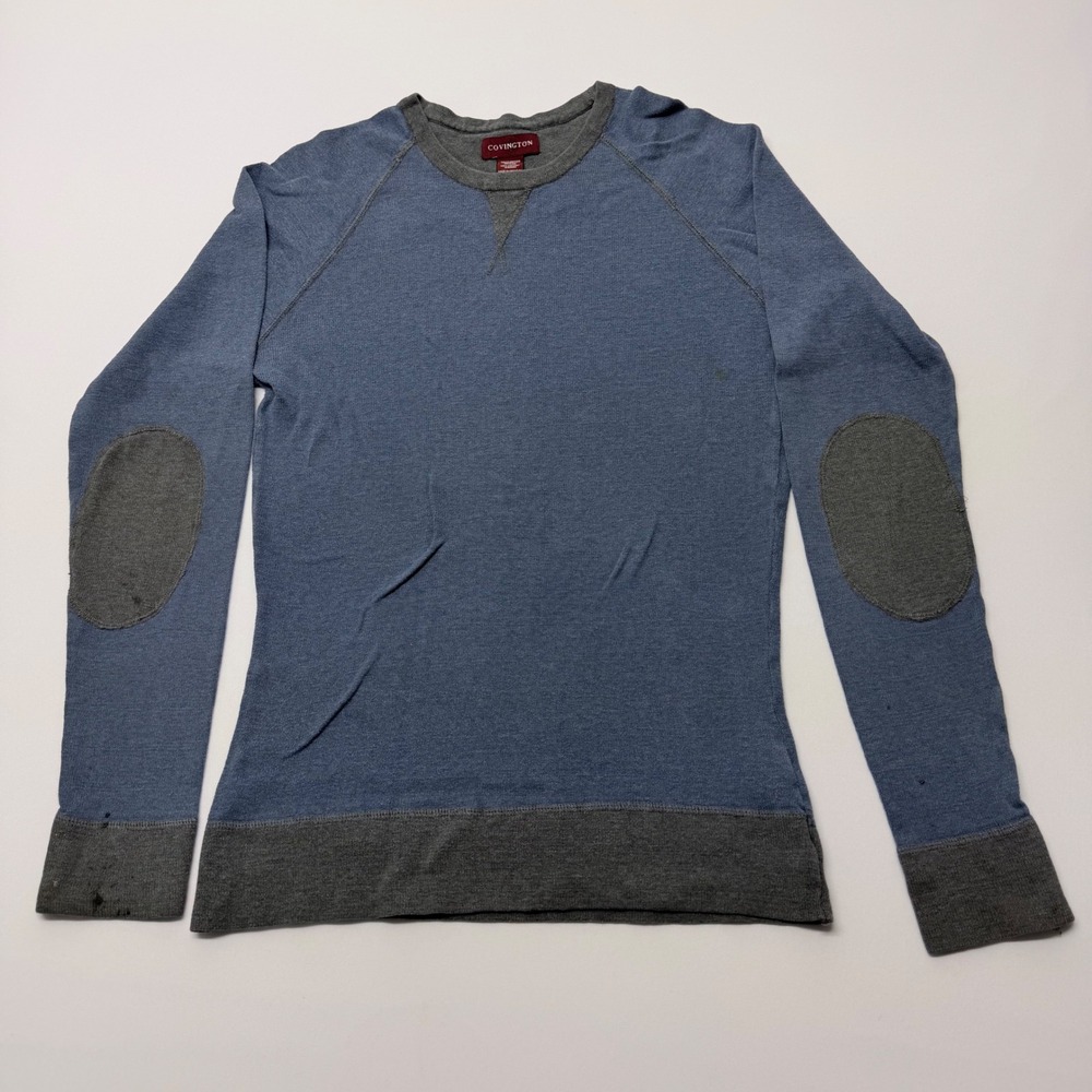 Covington Mens XXL Blue Gray Colorblock Cotton Knit Sweater Elbow Patches Raglan
